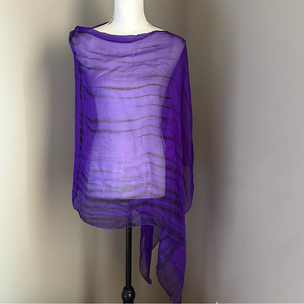 Silk Shawl Scarf Wrap Purple Black  Sheer Asymmetrical Hem Flowy Sheer